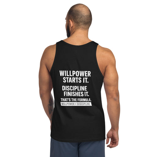 Camiseta sin mangas unisex clásica Versos de Vida – «La fuerza de voluntad lo empieza. La disciplina lo termina. Esa es la fórmula.» (Edición en colores oscuros)