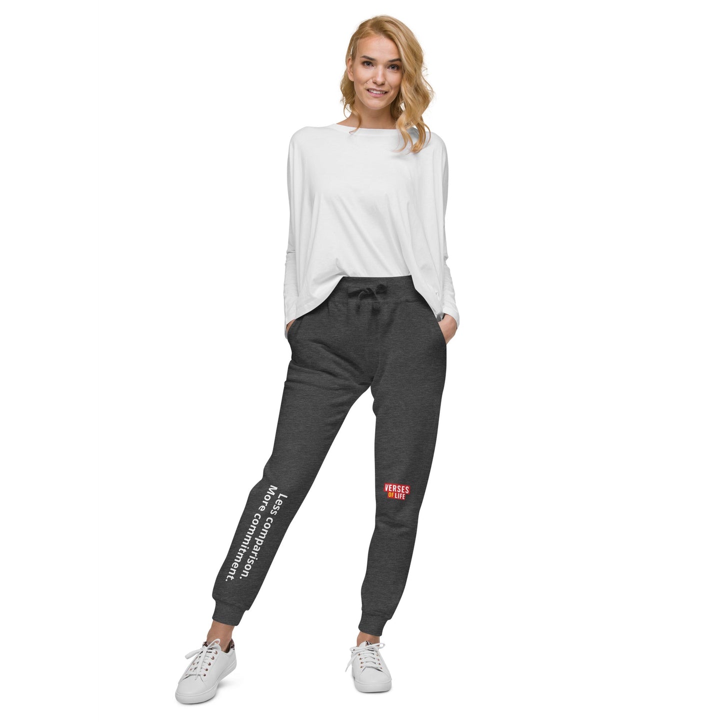 Verses of Life Fleece Sweatpants – “Less Comparison. More Commitment.” (Dark Color Edition) - S, Charcoal Heather image