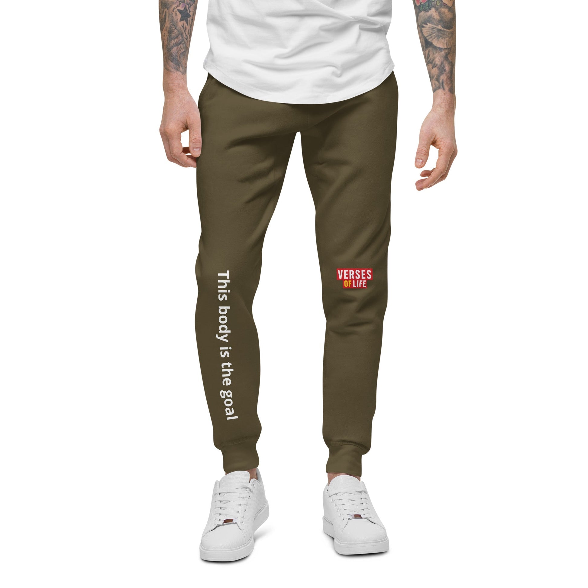 Verses of Life Fleece Sweatpants – “This Body Is the Goal” (Dark Color Edition) - XS, Military Green image