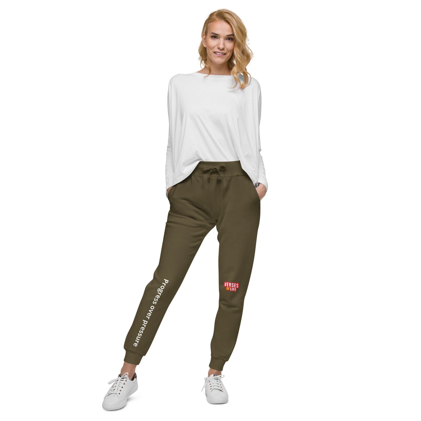 Verses of Life Fleece Sweatpants – “Progress Over Pressure” (Dark Color Edition) - Military Green, XL image