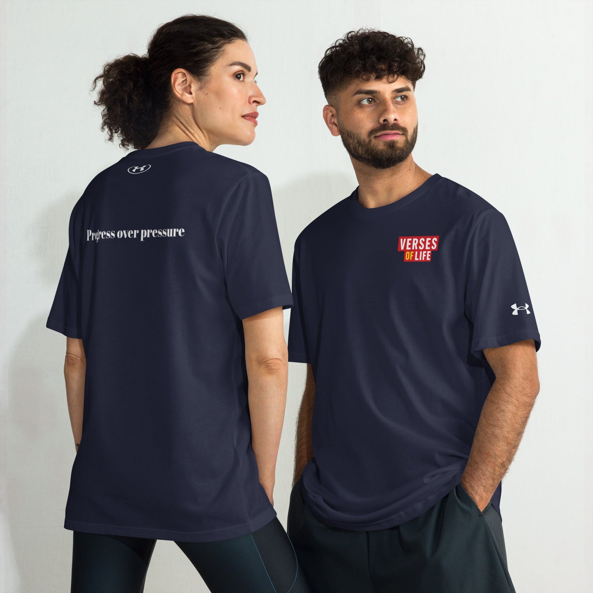 Verses of Life x Under Armour® Performance Tee – “Progress Over Pressure” (Dark Color Edition) - Navy, L image