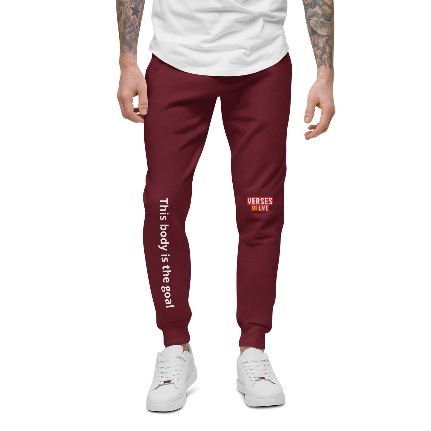 Verses of Life Fleece Sweatpants – “This Body Is the Goal” (Dark Color Edition) - S, Maroon image