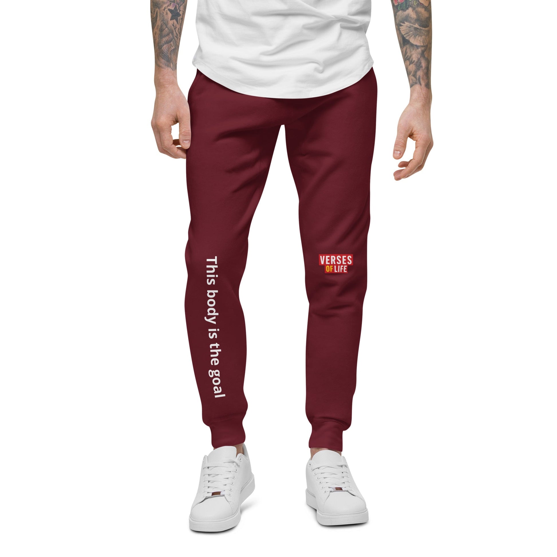Verses of Life Fleece Sweatpants – “This Body Is the Goal” (Dark Color Edition) - S, Maroon image