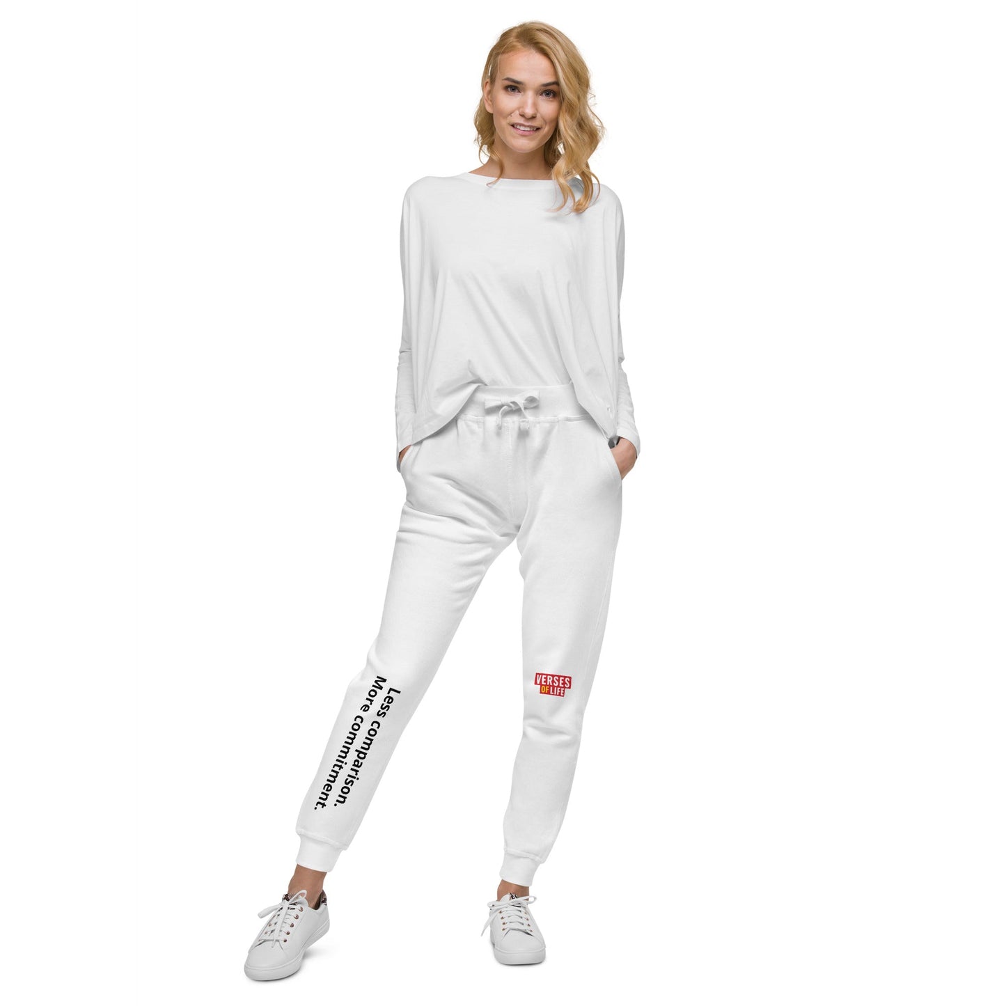 Verses of Life Fleece Sweatpants – “Less Comparison. More Commitment.” (Light Color Edition) - M, White image