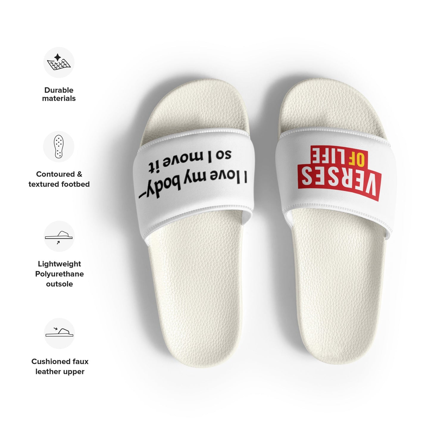Verses of Life Men's Slides – “I love my body—so I move it” - White, 9.5 image